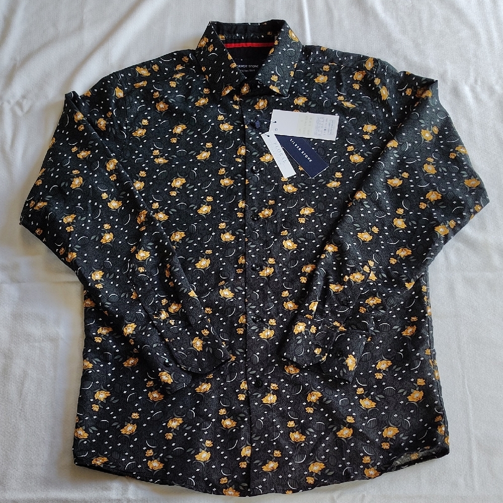 Silver Stone Floral Collection Men's Shirt Size L Black Button Down Long Sleeve